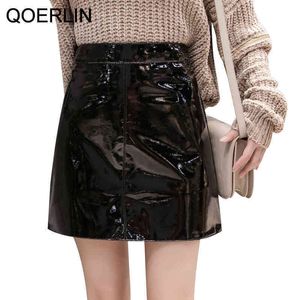 Qoerlin Vintage Patent Leather Skirt Women Summer Sexy Short Short Mini Candy Pink Skirt Fashion Streetwear Zipper Fitits 210412