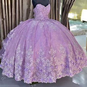 Lüks lavanta dantel quinceanera elbiseler el yapımı çiçekler ile sevgilim süpürme treni çiçek aplike boncuk boncuk etek straplez tatlı 16 kızlar balo elbise