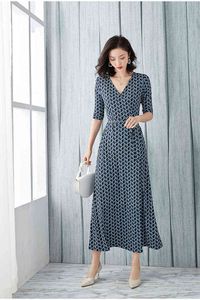 Half Sleeve Korea Women Bohemian Beach Wrap Maxi Dress Print Lace-Up Slim midja Elegant Ladies Casual Holiday Dress Clothing G220510