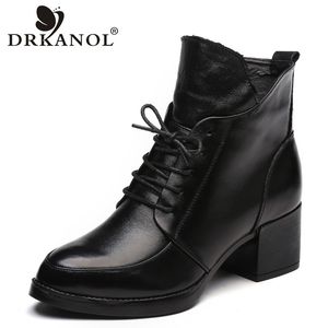 Drkanol couro genuíno salto grosso sólido preto inverno tornozelo botas motocicleta botas apontou toe quente sapatos femininos y200115 gai gai gai