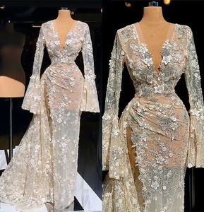 Aftonklänningar långa ärmar v hals spetsar applikationer sida slits prom klänning vestidos festa