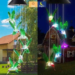 Color Changing Solar Power Wind Chime Hummingbird Angel Butterfly Waterproof Outdoor Decoration Light For Patio Yard Garden J220531