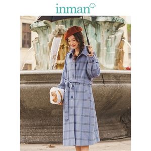 Inman Spring Autumn Sheep Wool Retro Plaid Turn Down Kollarすべてのマッチした女性ロングウールコート201215