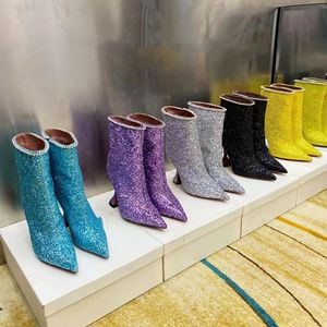 Fashion-New Bling Bling Sexy High Heels Ankle Boots Women Pointed Toe Sequins Party Shoes Women Cup Heels Short Boot Crystal Woman