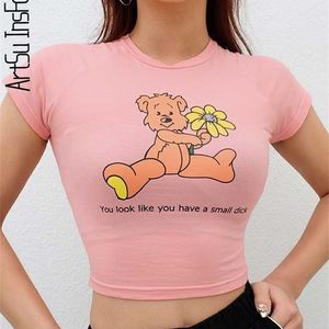 Rosa Top T-tröja Y2K Kortärmad Tees Crop Cartoon Graphic Tshirts Summer Casual Gullig Sexig Tee Femme Beskuren 220328