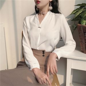 Moda swobodny biały bluzka z długim rękawem szyfonowa bluzka v szyja biuro damskie bluzka kobiety damskie topy i bluzki Blusas 210412