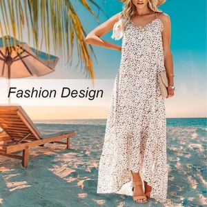 Abiti casual Abito lungo maxi da spiaggia Stampato floreale Volant alto basso Orlo asimmetrico Abito estivo da donna con scollo all'americanaCasual