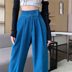 Blue Fold Corduroy Women's Straight Pants Casual High Waist Thicken Female Trousers Spring Autumn Korean Fashion Pant Lady