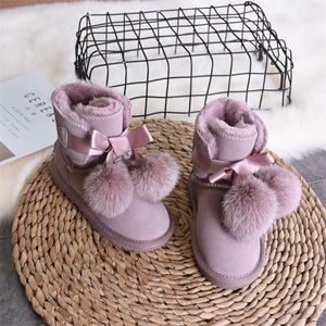 Stivali da neve invernali per bambini per ragazze Botas in pelle di mucca con plateau di lusso per bambini con pelliccia Stivaletti per bambini con palla pelosa LJ201202