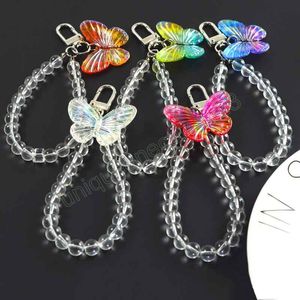 Wholesale butterfly keyring resale online - Colorful Butterfly Keychain Trendy Transparent Bead Lanyards Keyring Mobile Phone Chains for Women Car Keys Bag Decor Pendant