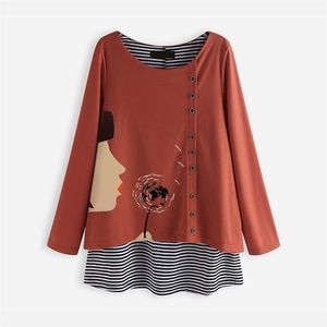 2019 Plus Size Spring Blouse Women Casual Long Sleeve Cartoon gedruckt gestreiftes Patchwork -Hemd Tunika Tops Blusas Frau Chemise T200321