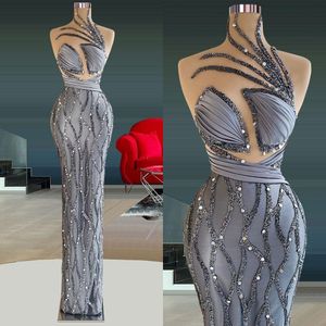 Sequins Elegant Gray Evening Dresses Sexy Sleeveless Mermaid Satin Back Zipper Formal Women Custom Made Prom Gown