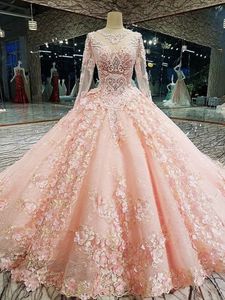 3Dフローラルアップリック色のピンクのウェディングドレス