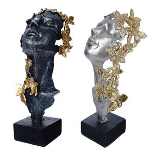 Sculptures Féminines achat en gros de Objets décoratifs figurines Femmes Face Resin Statue Résumé Sculpture de fille nordique avec papillons en or