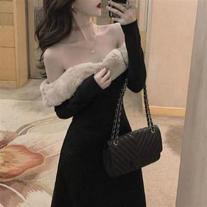 Vestidos casuais vestido vintage elegante mulher de manga longa de colarinho sexy de colarinho noturna negra fêmea de uma peça coreana 2022 Autumn chiccasual