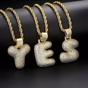 Hip Hop Cubic Zirconia A-Z 26 English Capital Letters Pendent Necklace With Stainless Steel Rope Chain 18K Real Gold Plated Diamond Letter Necklaces for Men Women