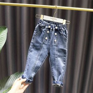 Barn jeans knapp flyga småbarn flicka jeans vår höst barn jeans flickor avslappnad stil flickor kläder 210412