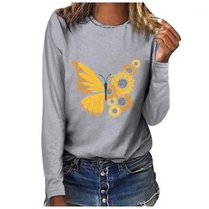 Frauen T-Shirt T-Shirt Damen Schmetterling Sonnenblume gedruckt gelegentlich langärmeliges Top Las Mujeres Sweetshirts Grafik T-Shirt Frauen 2022