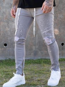 Jeans maschile 2022 ricamare lettere lndividuali uomini strappati maschili Zipper Casual Stretch Ratch Pants Denim Denim Grigio Blu grande dimensione S-4xl