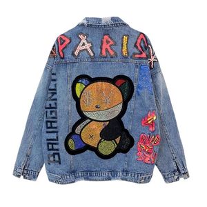 Ny 23SS Paris Jacket Autumn Designer Denim Jackets för kvinnor Bear Pattern Fashion Märke Jean Coats Oversize Woman Letterman Jacket 7740