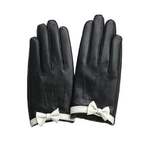 Wholesale thin black leather gloves resale online - Five Fingers Gloves Fashion Women s Genuine Leather Black Grey Classic Bow Sheepskin Mittens Winter Thick Thin Lining Warm