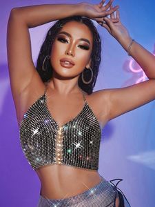 Tanques femininos sexy Veja através do rhinestone Club Party Crop Top Women 2022 Summer Halter Fishnet Beach Tank With Rave Roupe