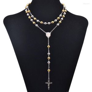 Womens Rosarios Catolicos Para Gold Black Tone Stainless Steel 8mm Bless Rosary Beads Chain Fashion Sweater Necklace Chains