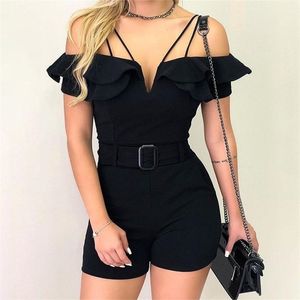 Kvinnor Elegant V Cut Short Sleeve Casual Party PlaySuit Layered Ruffles Cold Shoulder Regular Belted Romper Streetwear T200113