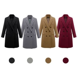 Plus Taille Automne Hiver Manteau Femmes Casual Solide Laine Vestes Blazers Femme Élégant Double Boutonnage Long Manteau Dames Tissu 201221