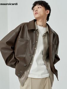 Mauroicardi Spring Autumn Short Oversized Brown Black Soft Faux Leather Jackets for Men Pockets Long Sleeve Korean Fashion 220816