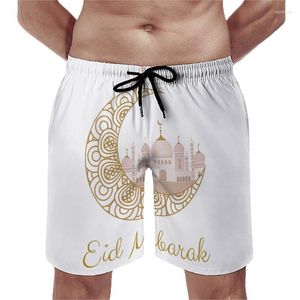 Shorts masculinos eid Mubarak Board pendurado na lua de impressão de praia de praia elástica cintura de nadar confortável e naios de sizemen22