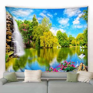 Natural Forest Waterfall Landscape Wall Carpet Psychedelic Mandala Home Art Decorative Hippie Bohemian Yoga Mattress Sheet J220804