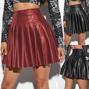 Skirts Spring Autumn Women Black Faux Leather High Wist Club plisado una línea de color sólido mini faldas cortas