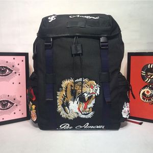 Leinwand Rucksack Reisetasche Umhängetaschen Männer Tiger Kopf Stickerei Haspe Leder Schultergurt Rot Und Grün Weben Hochwertige Dame Handtasche