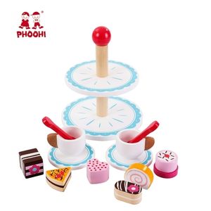 Brinquedos de cozinha para bebês de madeira fingirem brincar de bolo de bolo de corte da tarde conjunto de chá brincar com comida Kids Toys de madeira Presentes de cozinha Toy LJ201211