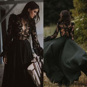 Gothic Black A Line Wedding Dress Sexy Illusion Inspiration Long Sleeve V-Neck Country Bridal Gowns Floral Lace Appliques Side Split Long Boho Beach Bride Dresses