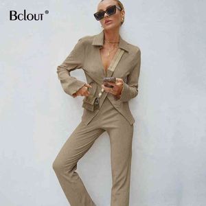 Bclout Sexy Khaki Down Collar Blouses 2 조각 세트 여성 가을 ​​긴 소매 셔츠 탄성 허리 바지 슬림복 2021 T220729