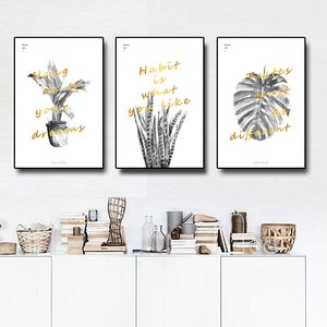 3-teiliges Leinwandgemälde mit Pflanzenblättern, Slogan, nordische skandinavische Kunst, minimalistisches Druckplakat, modernes Wandbild für Wohnzimmer