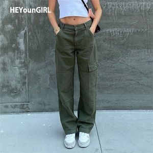 Heyoungirl Casual Vintage Green Cargo Pant Fashion Cotton High Waist Jeans Army Militär Denim Trousers Ladies Fickor 220325