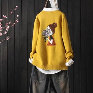 Styl etniczny retro w szyku w stylu V-dected Kobiet Kobiety Autumn New Style Art Jacquard Haftery Sweter Kurtka 210204