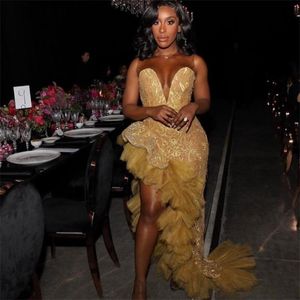 Suknie wieczorowe Afryki Syrenki Dla Kobiet 2022 Eleganckie Ruffles High Split Prom Suknie Bez rękawów Sheer Neck Sexy Party Dress