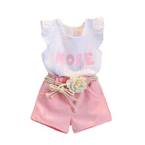 Kids Designer Clothing Sets Girls Flower Letter Outfits Baby Summer Sleeveless Tops Shorts Belt Suits Cotton Fly Sleeve Ruffle T-Shirts Pants B8234