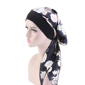 Muslim Women Hair Loss Chemo Cap Turban Beanie Islamic Head Wrap Long Tail Ruffle Pre-tied Bandana Headwear de624