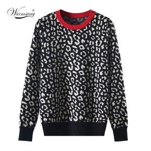 Jesienne zimowe kobiety swetry lampartowe dzianiny pullover z długim rękawem kolor CREWNECK Skoczki Sweter Mujer C 026 210714