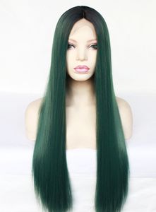 Ny sexig långgradient mörkgrön front spetsar vågiga handgjorda kvinnors fest hår peruker