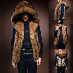 メンズベスト冬のメンジャケットファッション男性ファーベストフーディーフードフード濃い温かいチョッキのノースリーブコートアウタープラスサイズ