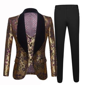Mens Wedding Suits Italian Design Custom Made Tuxedo Jacket 3 Piece Groom Terno Suits For Men Mens Gold Jacquard Suit 201106