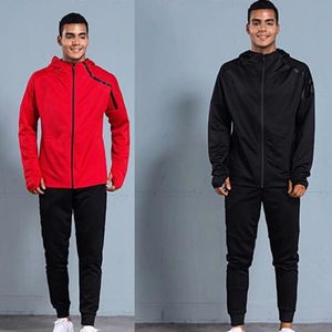 Tute da uomo Autunno Tuta da uomo Cerniera Giacca con cappuccio Manica lunga Rosso Nero Bianco Traspirante Morbido Set due pezzi Top e pantaloni Qd01Uomo