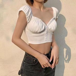 女性用Tシャツ女性サマーオフショルダーコルセットクロップトップボタンソリッドカラー半袖キント