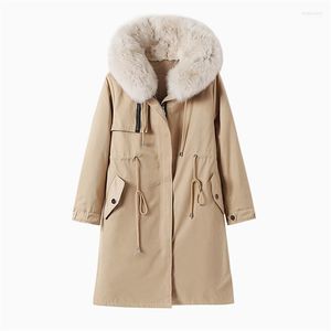 Penhas femininas Faux 2022 Inverno de gola real Real Grost Grost Warm Coat Women Women Liner Destactable Drawstring Zip Long Parkas